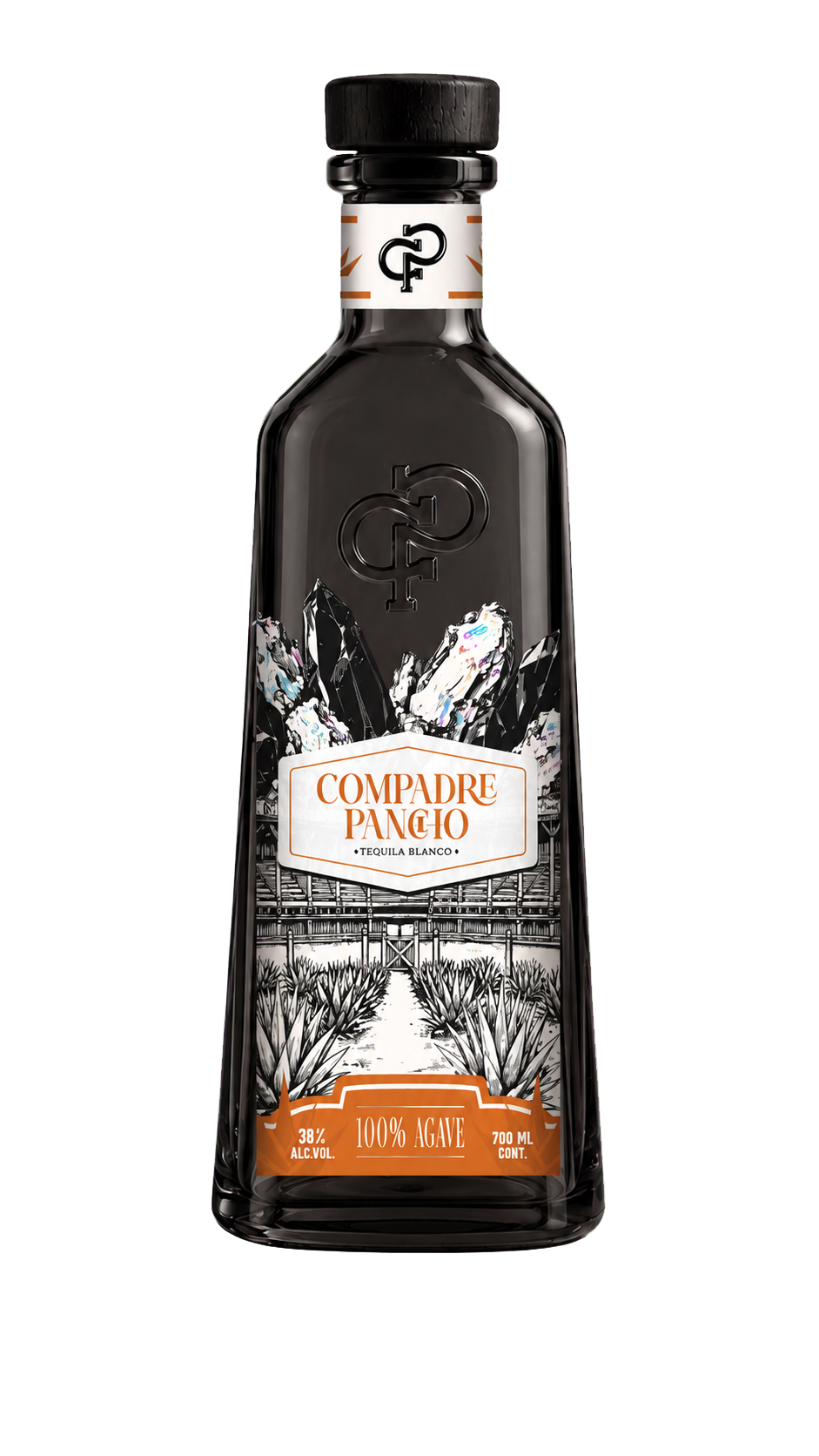 Botella negra de Tequila Blanco Compadre Pancho sobre fondo de obsidiana