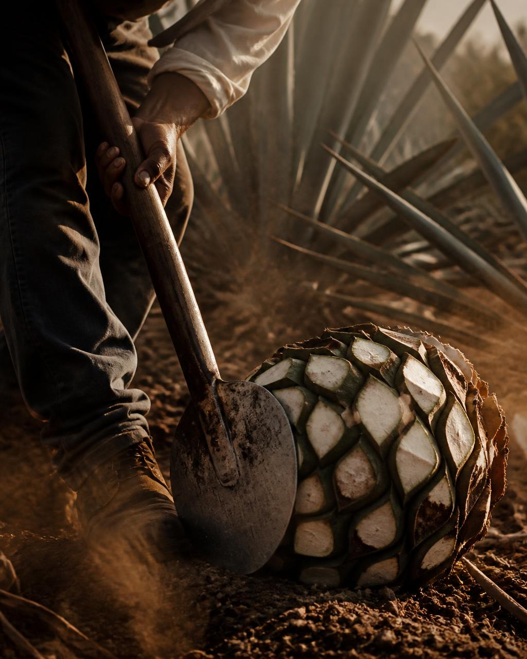 Jima de agave en el campo, con luz cálida y tierra volcánica