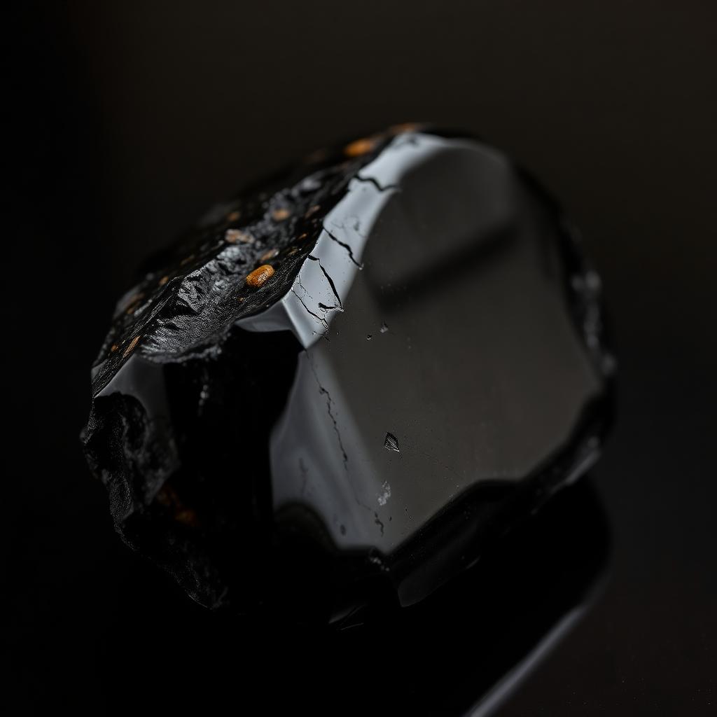Piedra de obsidiana negra pulida con reflejo de luz cálida