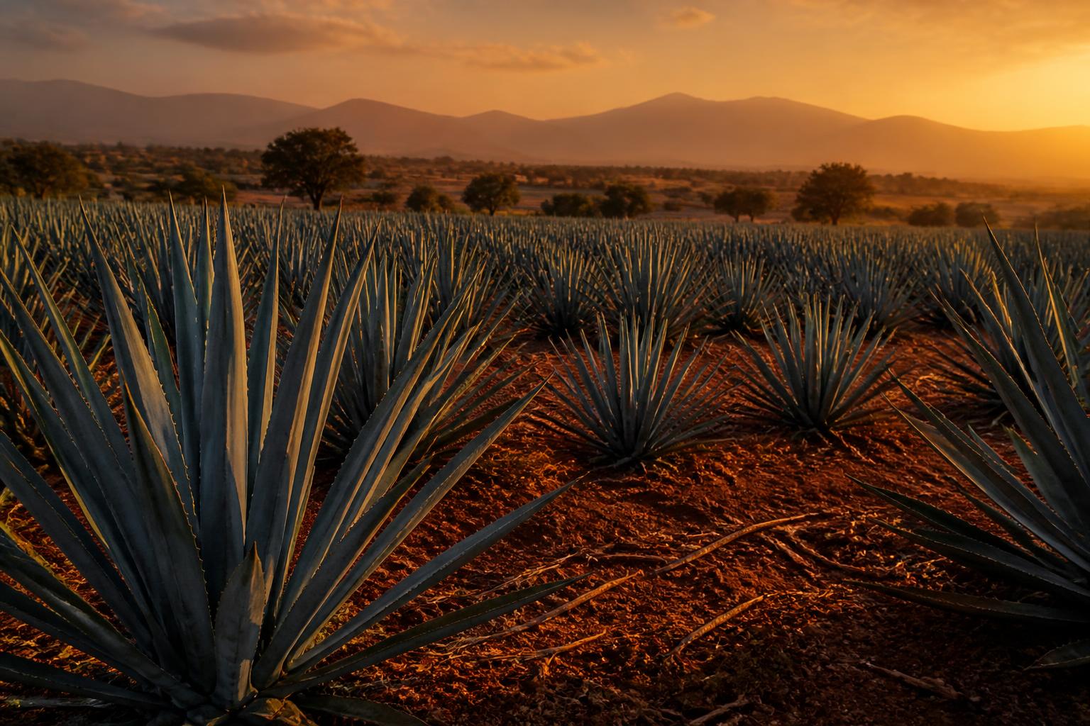Campos de agave en Jalisco al atardecer, con tierra rojiza y montañas al fondo